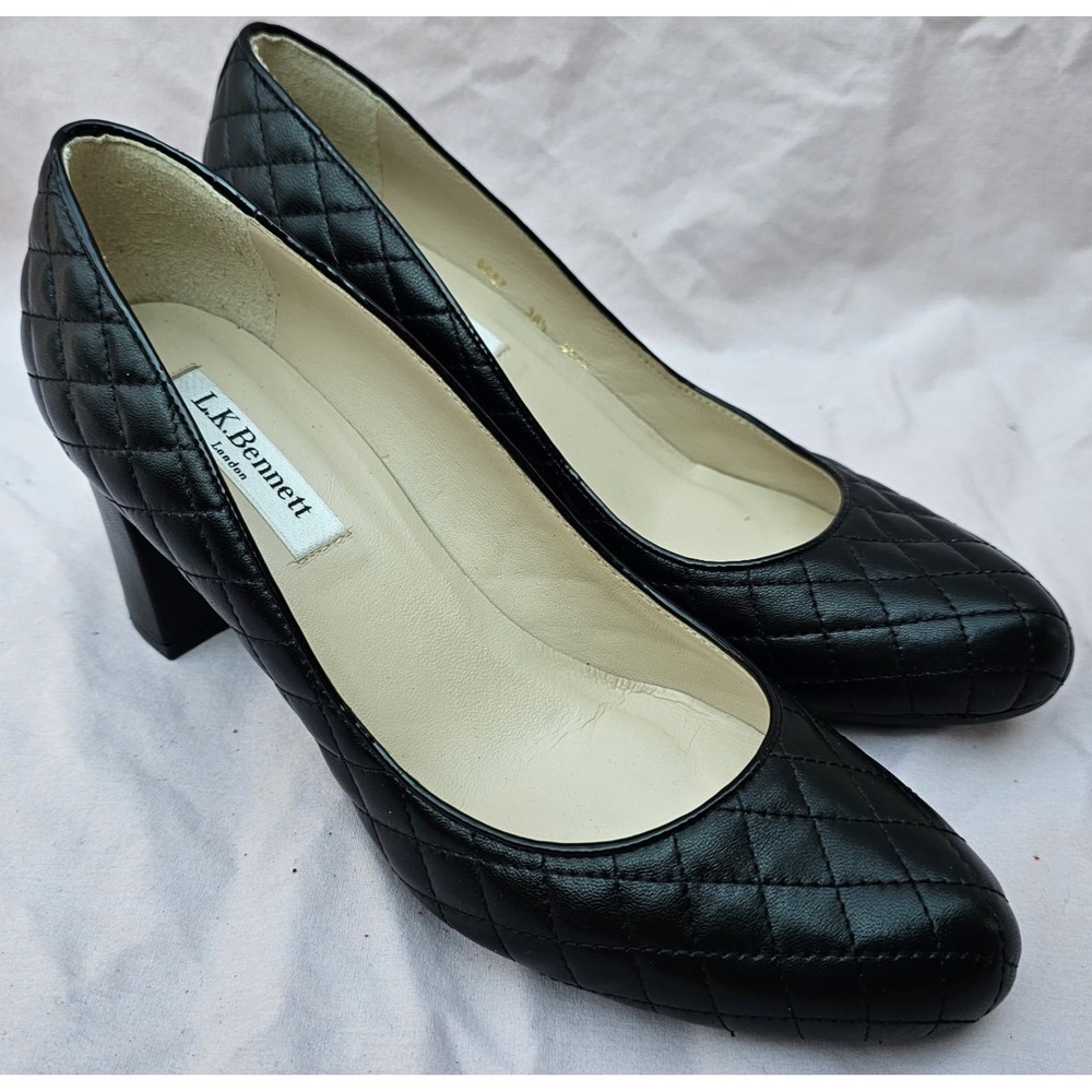 L.K. Bennett Heels Black Leather Quilted Shoes Womens Size 38.5 Winola